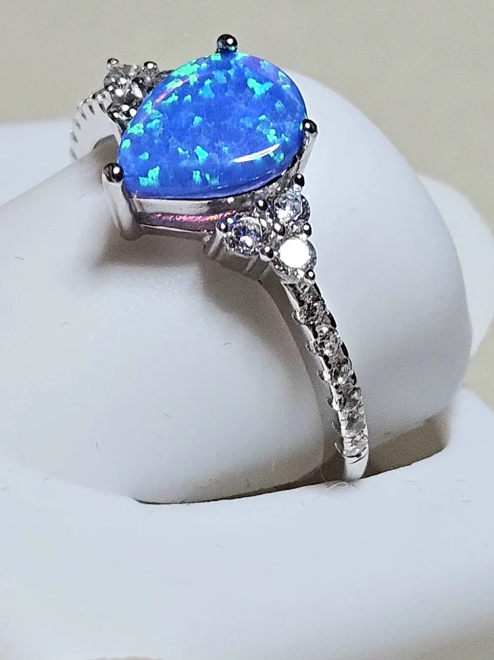 NWT 925 Sterling Silver Teardrop Blue Lab Opal & CZ Accent Ring